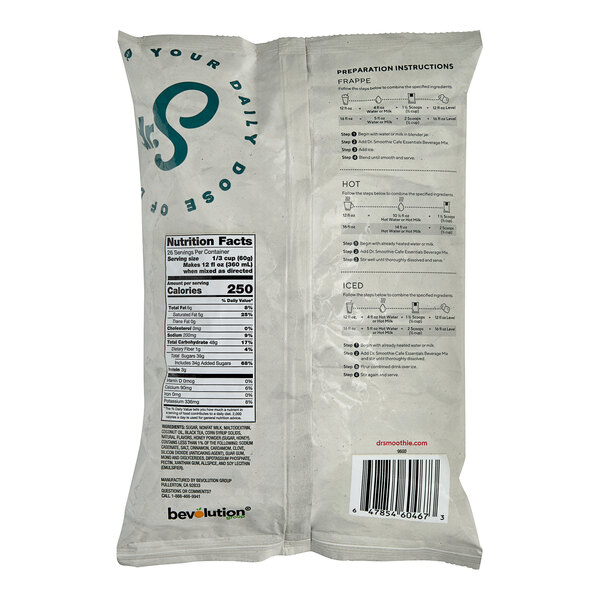 A white package of Dr. Smoothie Cafe Essentials Classic Chai Beverage Mix with a label.