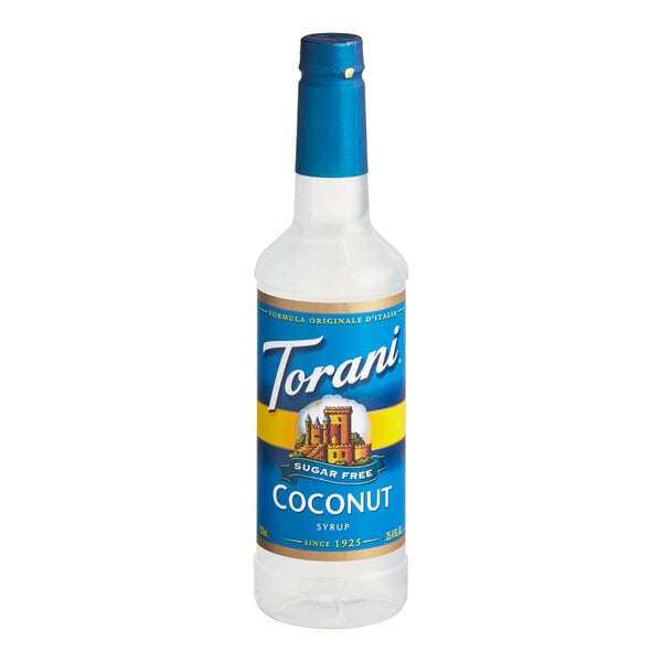 A white plastic bottle of Torani Sugar-Free Coconut Flavoring Syrup with a blue label.