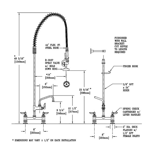 A diagram of a T&S EasyInstall deck mounted pre-rinse faucet with a hose and a spout.