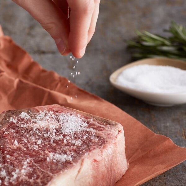 A hand sprinkling Regal Extra Coarse Kosher Salt over a piece of meat.