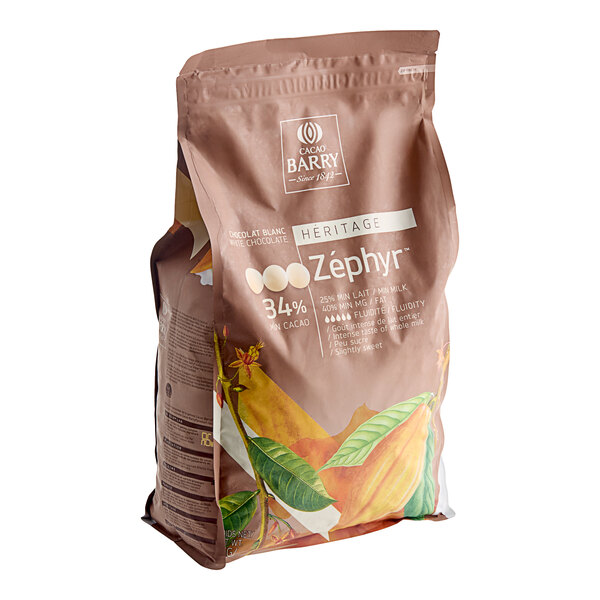 A white bag of Cacao Barry Zephyr white chocolate pistoles.