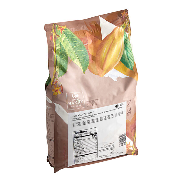 A white bag of Cacao Barry Zephyr White Chocolate Pistoles with a label.