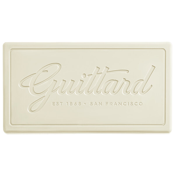 A white rectangular Guittard High Sierra White Chocolate bar with text.