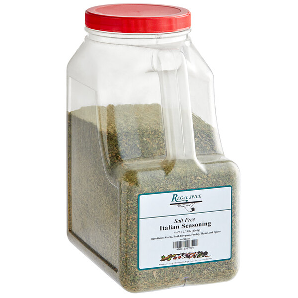 A large white container of Regal Salt-Free Italian Seasoning.