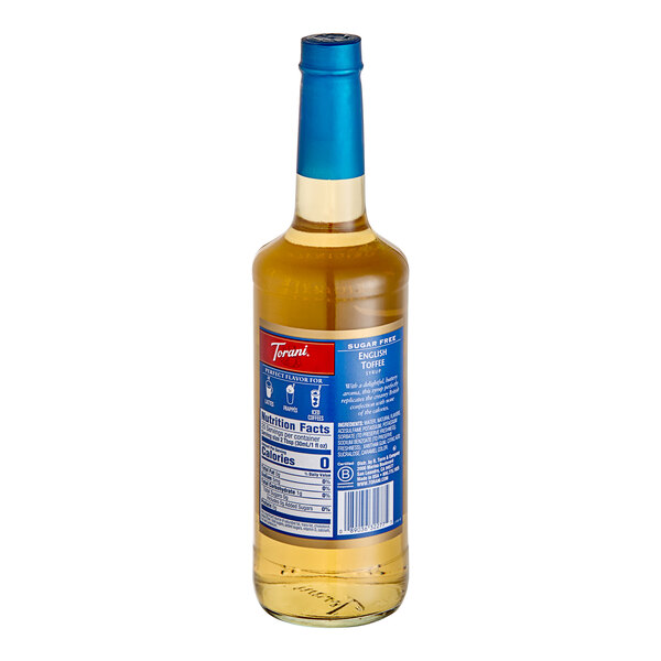 A Torani Sugar-Free English Toffee flavoring syrup glass bottle with a blue label.