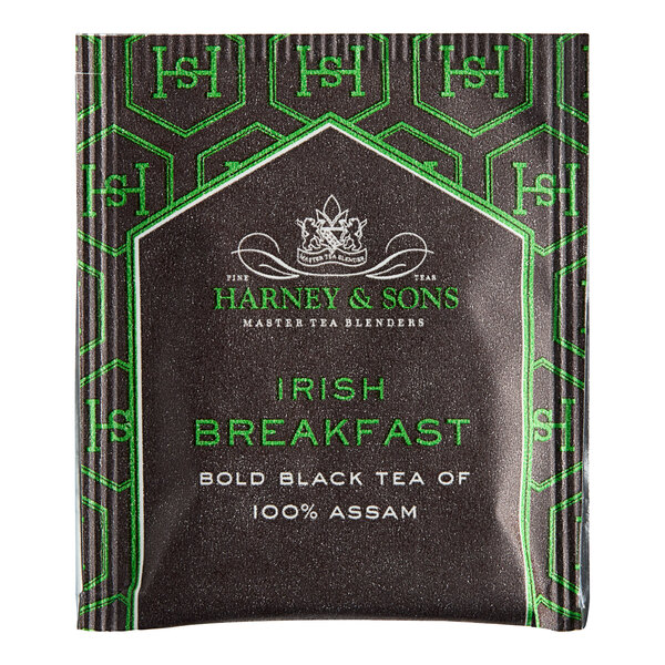 A package of Harney & Sons Irish Breakfast Tea Bags with green and black text.
