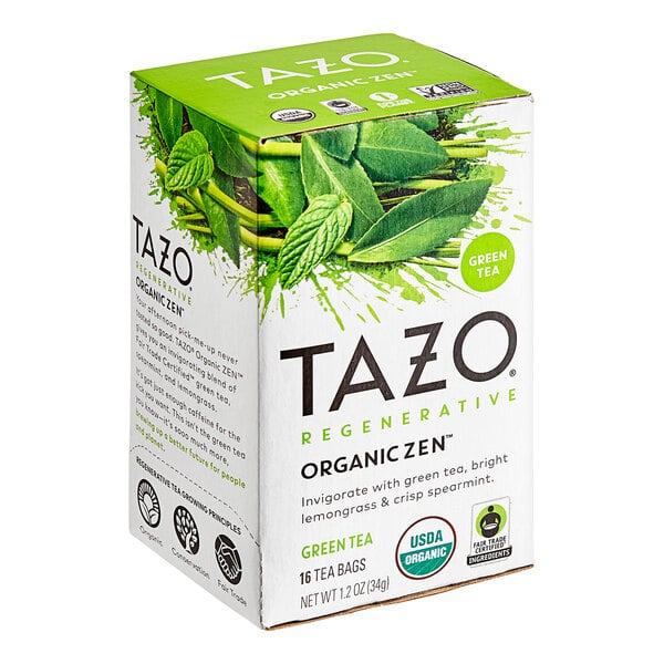 A white box of Tazo Organic Zen Green Tea with green leaves on the front.