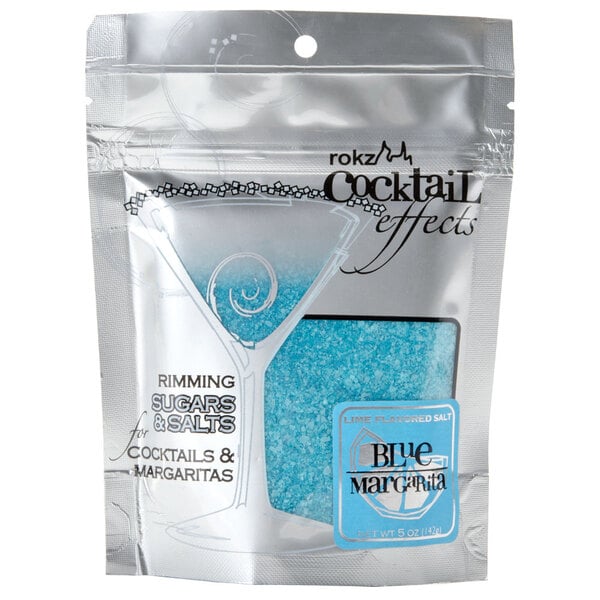 A package of blue Rokz cocktail salt with blue crystals.