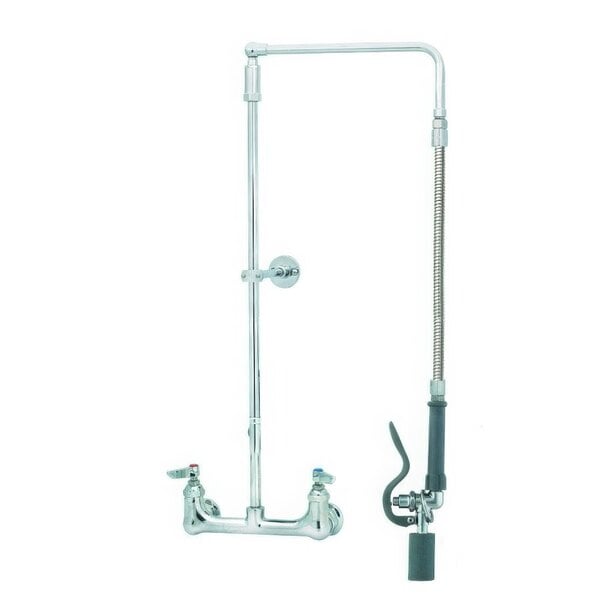 A T&S chrome wall mounted pre-rinse faucet with a swivel arm, hose, and low flow spray valve.