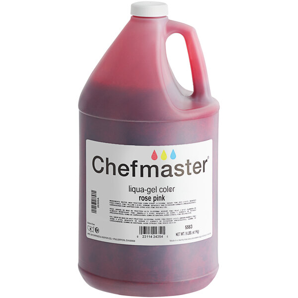 A white jug of Chefmaster Rose Pink Liqua-Gel Food Coloring with a white label.