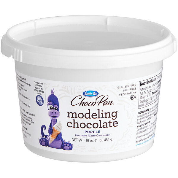 A white tub of purple Satin Ice ChocoPan modeling chocolate.