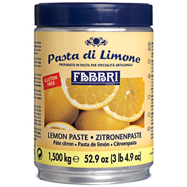 A case of Fabbri lemon flavoring paste with a blue and white label.
