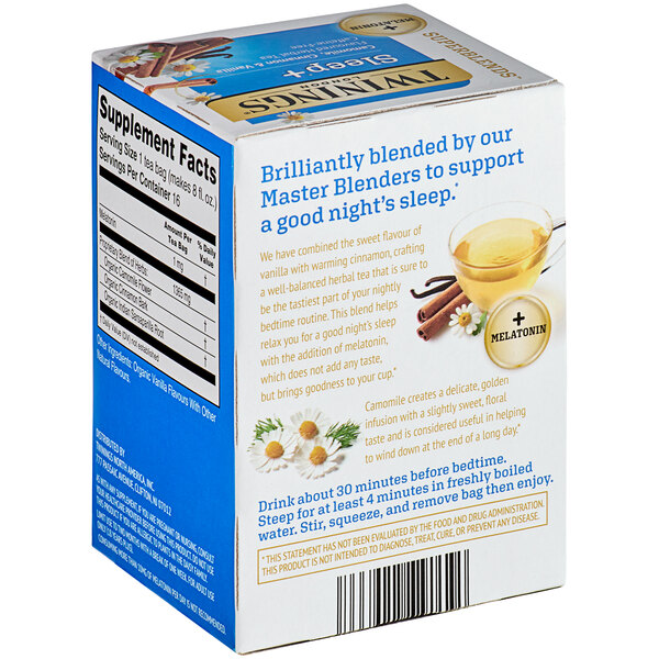 A white Twinings box of 16 Sleep+ Chamomile, Cinnamon & Vanilla herbal tea bags.