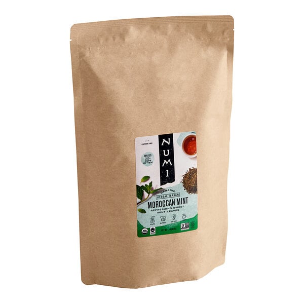 A brown bag of Numi Organic Moroccan Mint Loose Leaf Tea with a label.