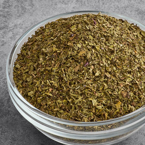 A bowl of Numi Organic Moroccan Mint Loose Leaf Tea.