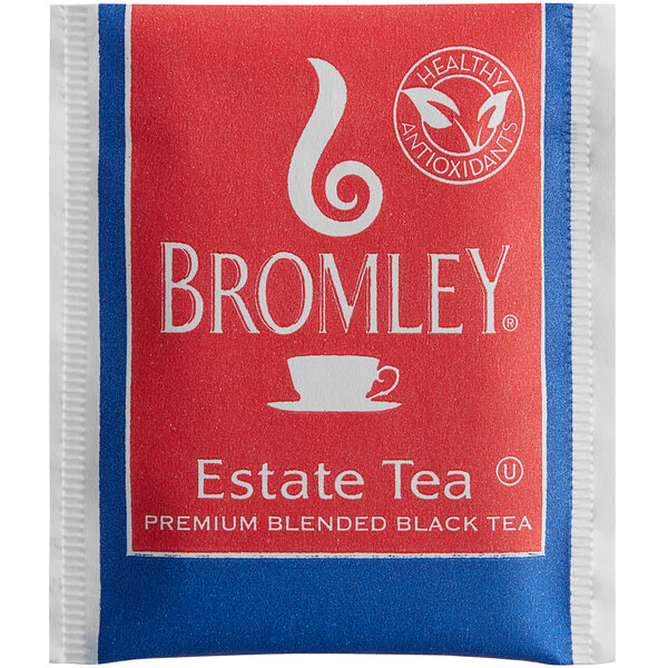 A red and blue Bromley Estate Tea package with white text.