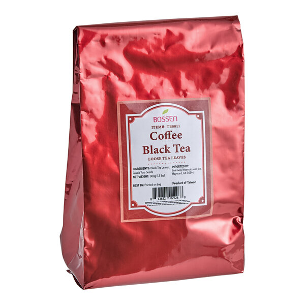 A red foil bag of Bossen Coffee Black Loose Leaf Tea weighing 1.3 pounds (600 grams).