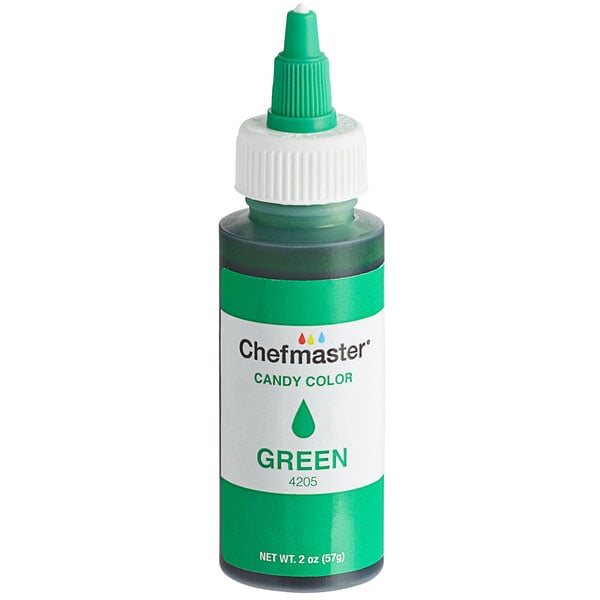 A green Chefmaster bottle of oil-based candy color with a white cap and label.