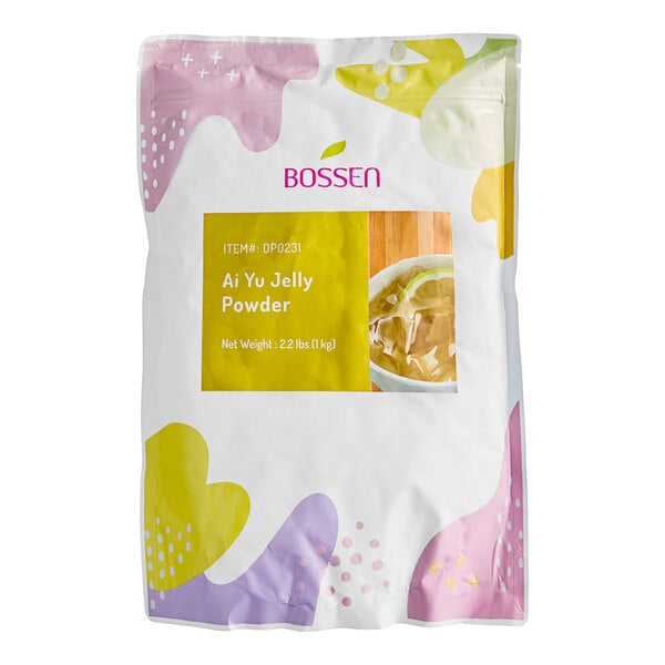 A white bag of Bossen Ai Yu Jelly Powder with a yellow label and a bowl of jelly.