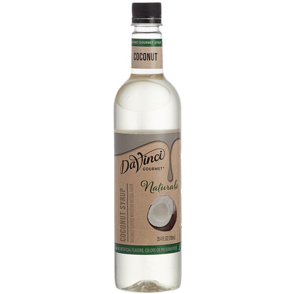 A close up of a bottle of DaVinci Gourmet coconut flavoring syrup with a white label.