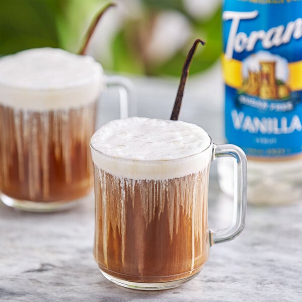Two glasses of coffee with Torani Sugar-Free Vanilla syrup.