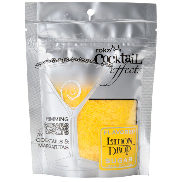 A close-up of a bag of Rokz lemon cocktail rimming sugar.