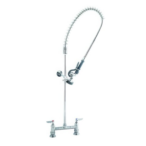 A T&S chrome pre-rinse faucet with a hose and sprayer on a white background.