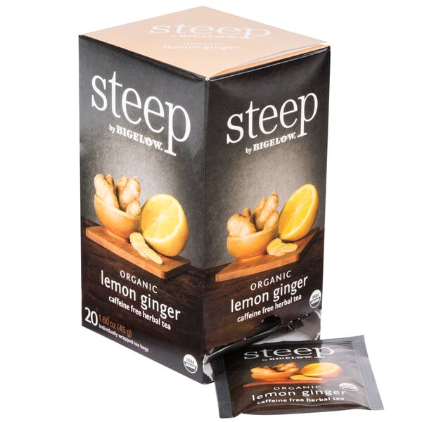 A box of Steep by Bigelow organic lemon ginger tea bags.