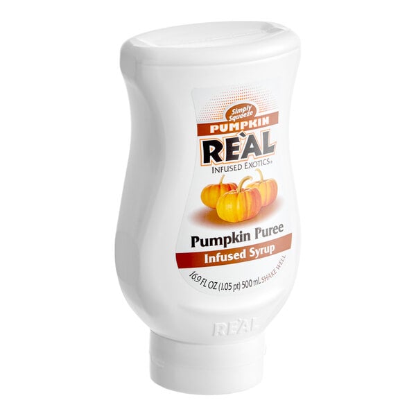 A 16.9 fl. oz. bottle of Real Pumpkin Puree Infused Syrup.