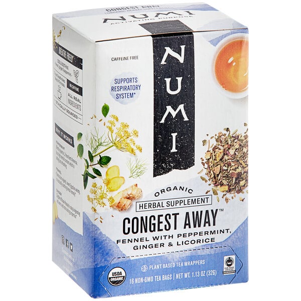 A white and green box of Numi Organic Congest Away Herbal Tea Bags. The label says "20 tea bags."