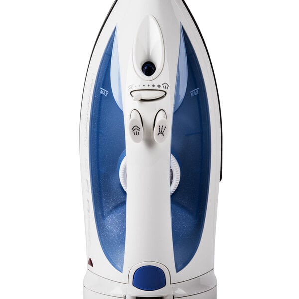 A close-up of a white Hamilton Beach electric iron.