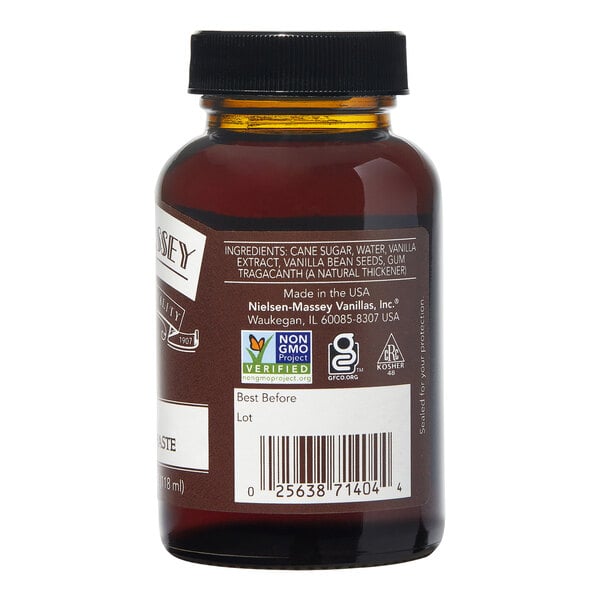 A close up of a bottle of Nielsen-Massey Pure Vanilla Paste with a label.