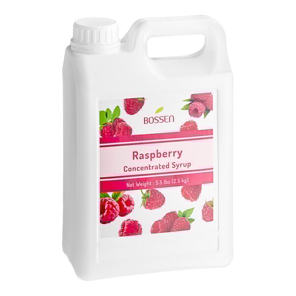 A white container of Bossen Raspberry concentrate syrup with a label.
