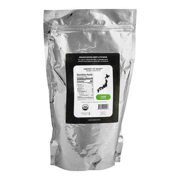 A bag of Matcha.com organic sweetened matcha latte mix with a label.