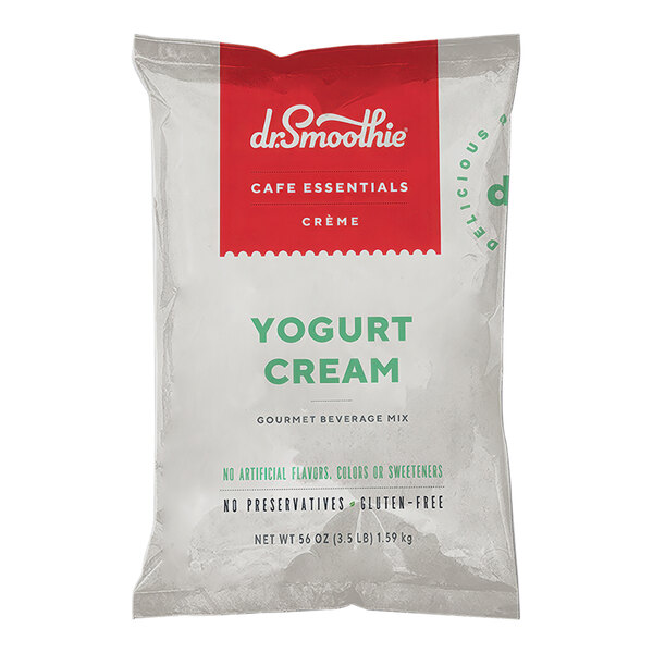A white package of Dr. Smoothie Cafe Essentials Yogurt Cream Beverage Mix with red and green text.