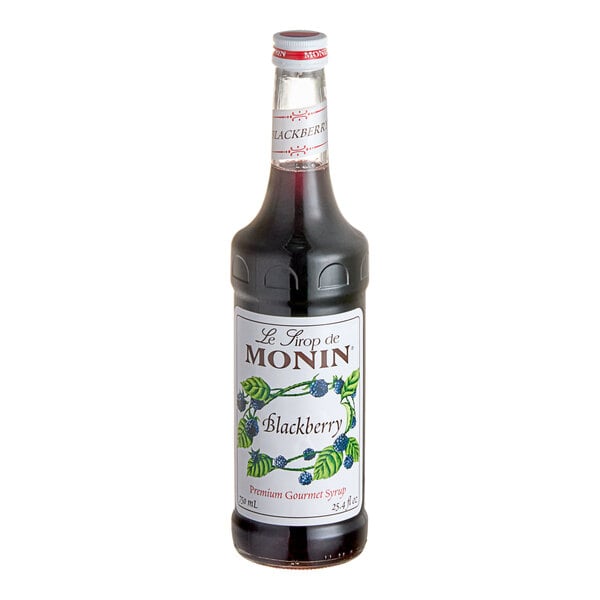 A bottle of Monin Premium Blackberry Flavoring Syrup, 750 mL.