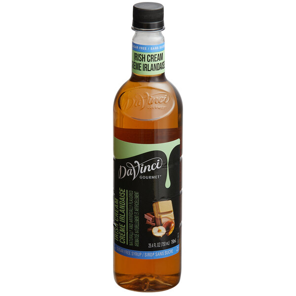 A bottle of DaVinci Gourmet Sugar Free Irish Cream Flavoring Syrup with a black cap.