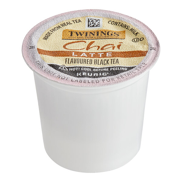 A white case of Twinings Chai Latte K-Cup Pods with a label.
