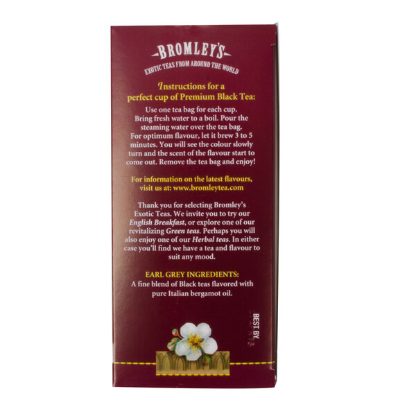 A red box of Bromley Exotic Earl Grey Tea with yellow and white text.