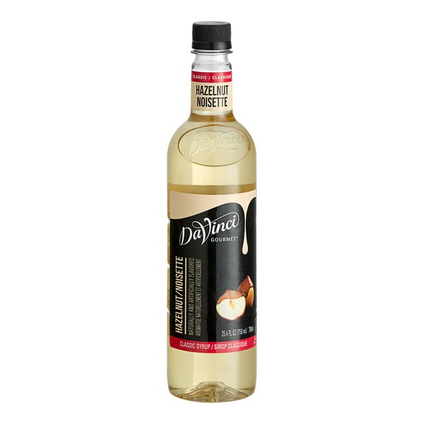 A bottle of DaVinci Gourmet Classic Hazelnut Flavoring Syrup, 750 mL.