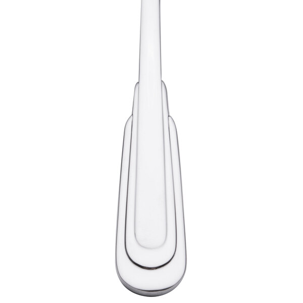 A close up of a Oneida Cityscape stainless steel oval bowl spoon with a white background.