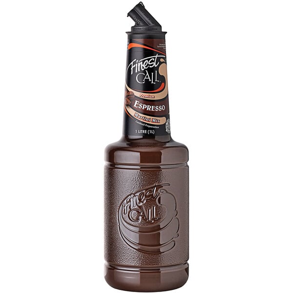 A brown bottle of Finest Call Premium Espresso Martini Mix with a cap on top.