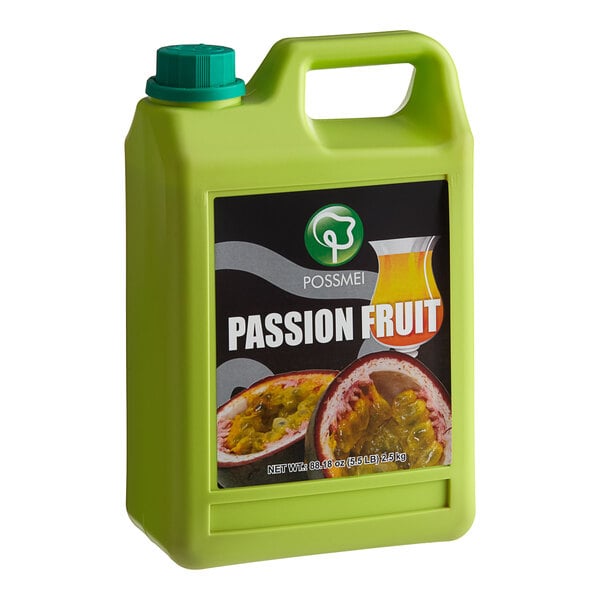 A green jug of Possmei Passion Fruit Concentrated Syrup on a table.