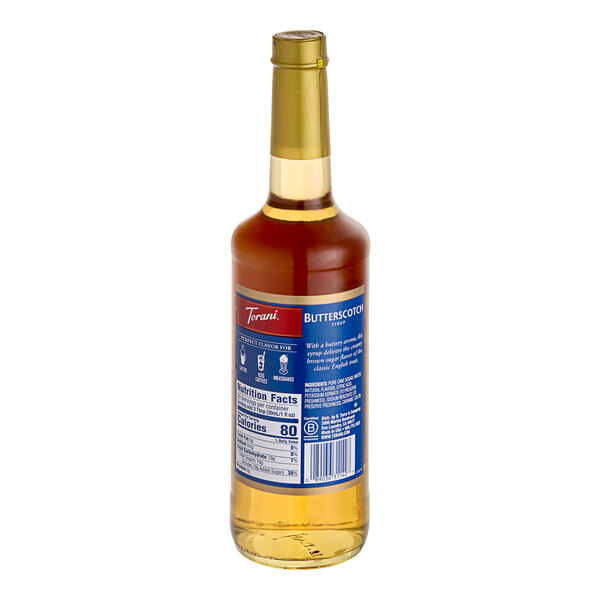 A close up of a Torani Butterscotch Flavoring Syrup bottle with a blue label.