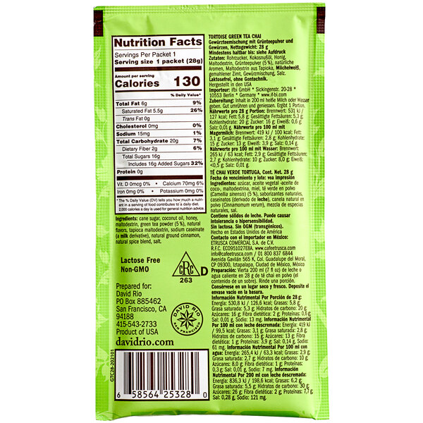 A green package of David Rio Tortoise Green Tea Chai Latte with black and white text.