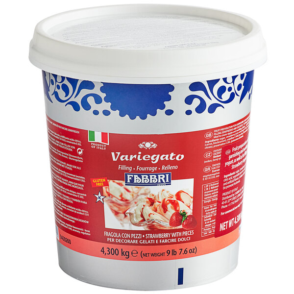 A white plastic container of Fabbri Strawberry Variegate with a label.