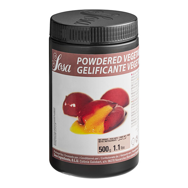 A black plastic container of Sosa Vegetable Gelling Agent with a label.