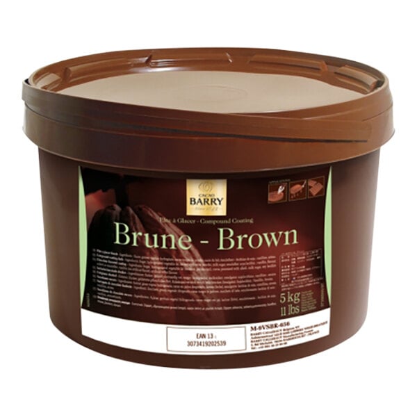 A brown Cacao Barry plastic container of Brune Pate a Glacer Compound with a label.