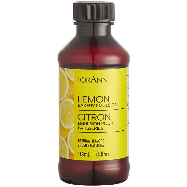 A case of 6 LorAnn Oils All-Natural Lemon Bakery Emulsion bottles on a counter.