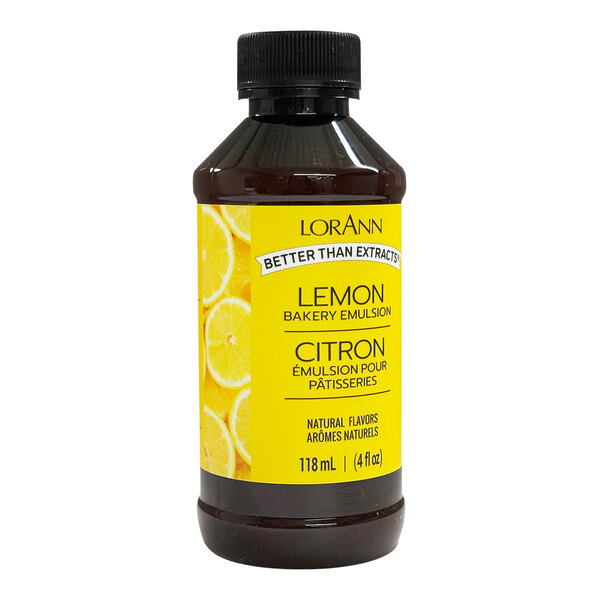 A close up of a LorAnn Oils 4 fl. oz. bottle of lemon bakery emulsion.